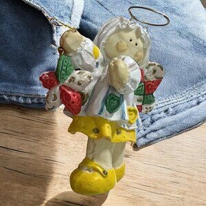 Vintage Resin‎ Angel Ornament With Quilt Pattern Wings & Yellow Shoes